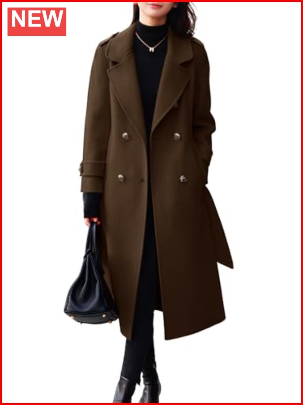 Wool Blend Belted Double Breasted Midi Pea Coat